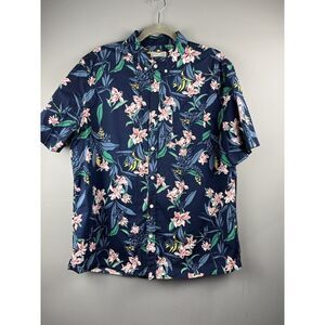 Oxford Lads Shirt Mens XL‎ Short Sleeve Button Up Tropical floral Bold Blue